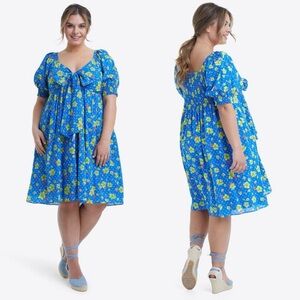 NWT Draper James Jennifer Tie Front Mini Dress Blue Aster Polka Dot Floral